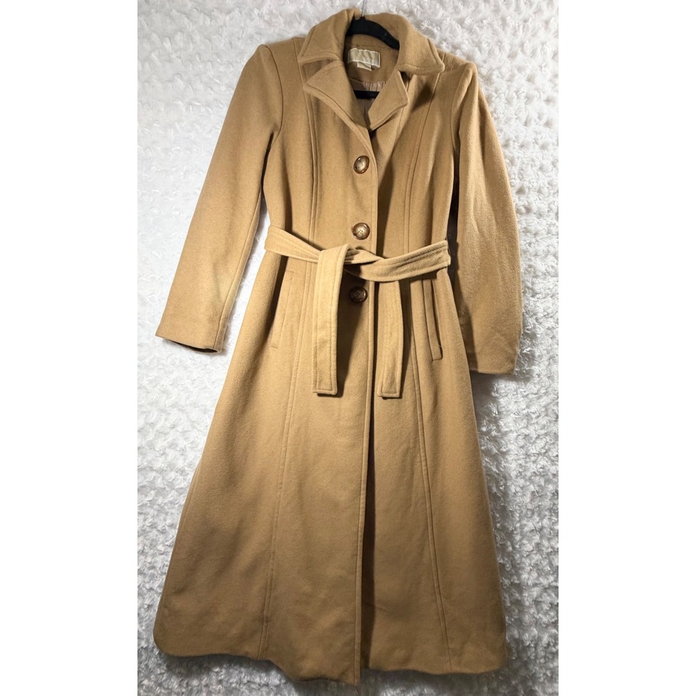 Michael Michael Kors Women Size 4 Camel Tan 100% Wool Long Trench Belted Coat